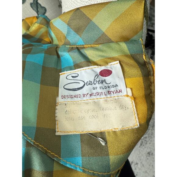 Vintage 1960s Serbin of Florida Women's Belted Green, Blue, Yellow Plaid - Picture 4 of 8